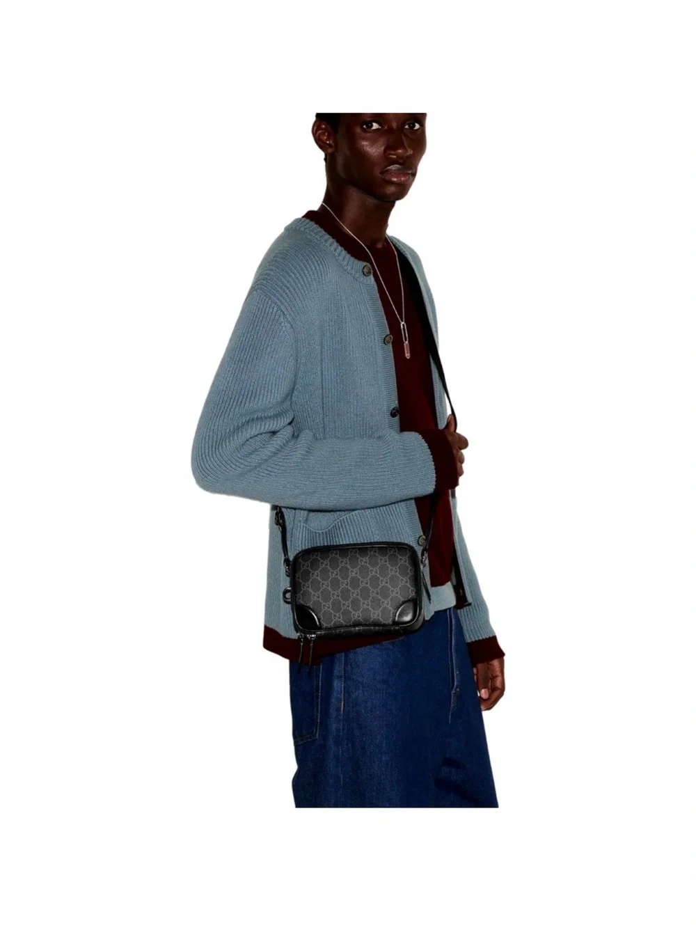 New Gucci GG Emblem canvas men mini crossbody bag, black